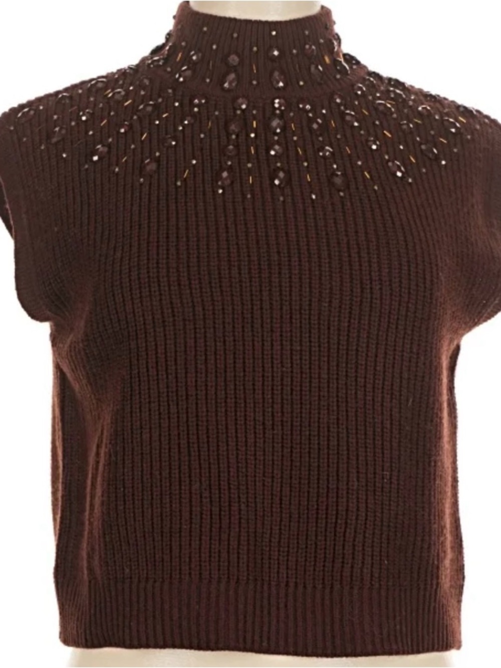 House of Harlow 1960 Brown Beaded Ribbed Sleeveless Sweater